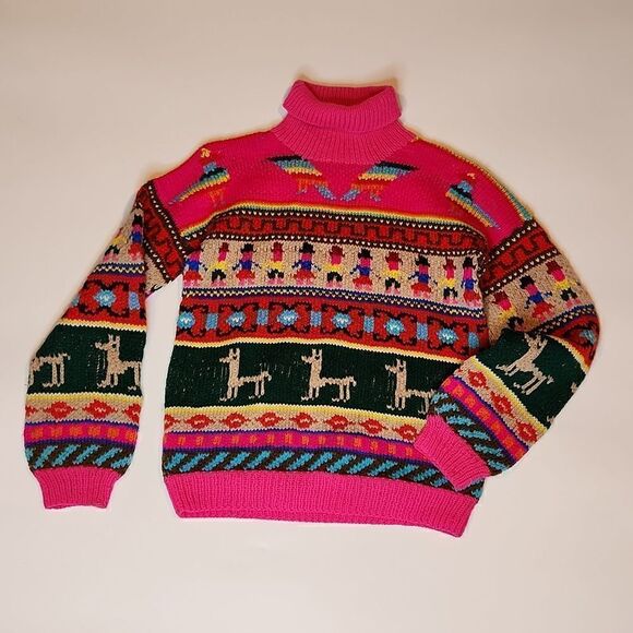 Sweaters - True Vintage Knit Alpaca Print Sweater Women’s M Bright Colorful Pattern Pullove